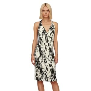 Ann Taylor Halter Dress 4 Black White V-Neck Cowl Neck Abstract Modern Artsy
